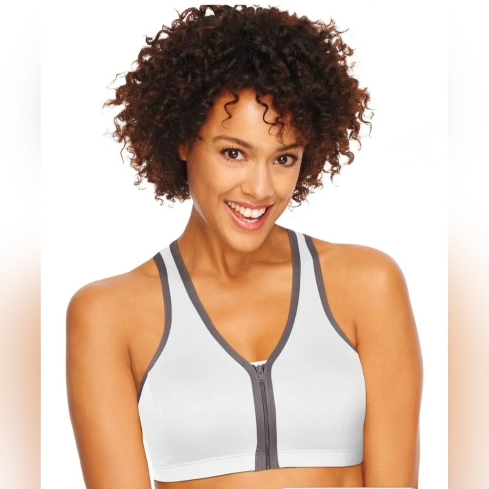 Hanes Women's Comfort Flex fit Front Zip White H32 Sports Bra